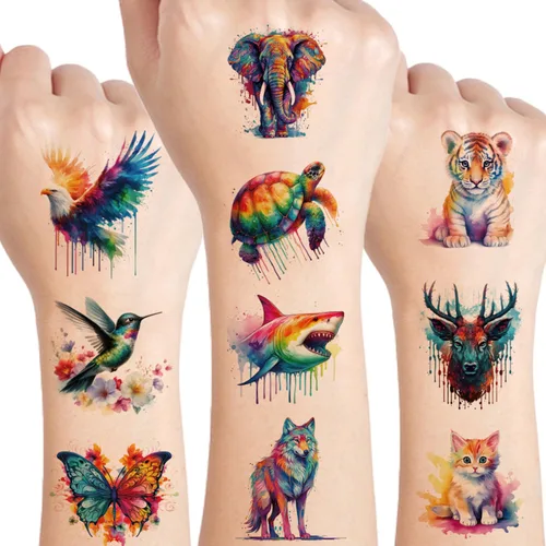 UVUXO Tatuaje temporal de animales de acuarela para niños, 60 estilos temporales para niñas, niños, cuerpo, brazo, hombro, tatuajes, calcomanías,