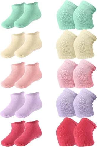 Juego de 10 pares de rodilleras antideslizantes para bebés y calcetines antideslizantes para bebés, unisex para niños pequeños, calcetines