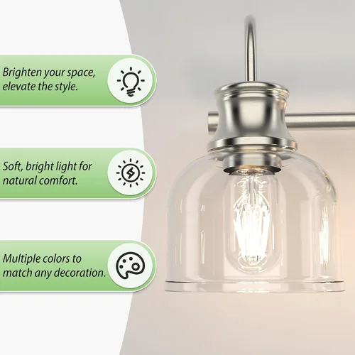 Miniatura 3 de Lámpara de tocador de baño de 3 luces, níquel cepillado, tradicional, clásica, con vidrio transparente, accesorios de iluminación de baño sobre