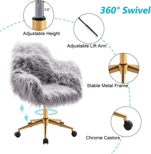 Miniatura 5 de Silla de escritorio moderna de piel sintética, silla de oficina en casa de piel sintética, silla giratoria ajustable, silla peluda para niñas, silla