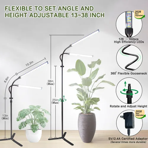 Miniatura 2 de Luces de cultivo profesionales para plantas de interior, espectro completo 2026 Upgrade,162 LEDs, Height Adjustable 13-38", 3 Spectrum Modes,10
