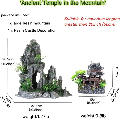 Miniatura 2 de AWXZOM Kit de decoración de acuario extra grande – "Templo antiguo en la montaña", decoraciones japonesas de acuario de resina, castillo, decoración