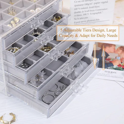 Miniatura 4 de misaya Organizador de joyas de pendientes con 5 cajones regalo de cumpleaños y Navidad caja de joyería de acrílico transparente para mujer soporte