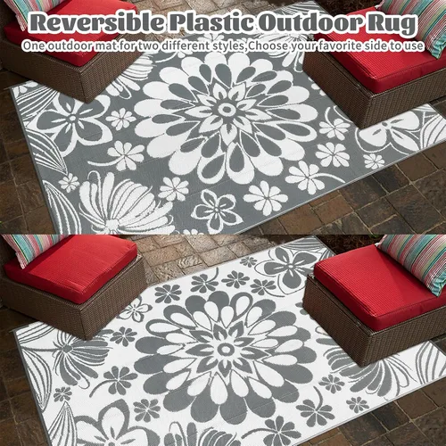 Miniatura 3 de Ileading Alfombra de paja de plástico para exteriores, 5 x 8 pies, divertido estilo floral, reversible, impermeable, no se desprende, alfombras