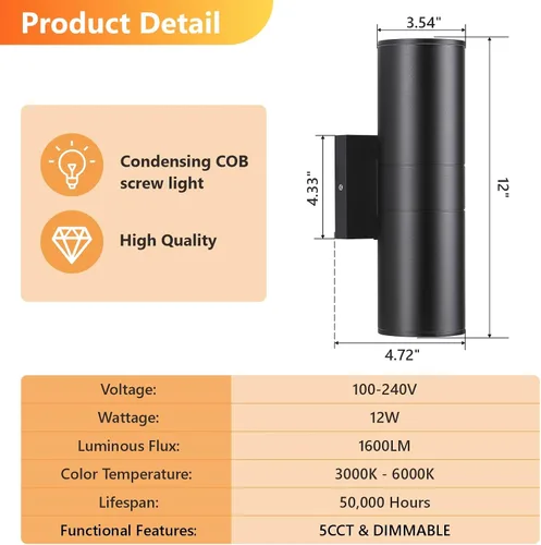 Miniatura 7 de DAKAFUL 5CCT - Luces de pared regulables para exteriores, paquete de 2 unidades, 3000 K, 5000 K, 6000 K, cilindro LED integrado, luz de aluminio