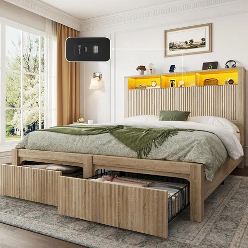Miniatura 11 de CypBed Base de cama de tamaño matrimonial con cabecera y cajón de almacenamiento, marco de cama matrimonial con luz LED y puerto de carga, diseño