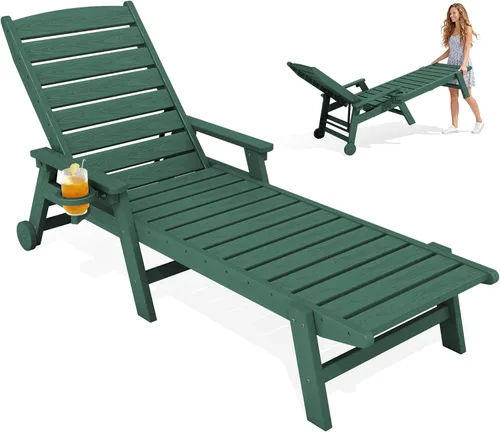 Miniatura 23 de KINGYES Sillón de polietileno de alta densidad para exteriores, tumbona reclinable para patio con portavasos para todo tipo de clima, tumbona