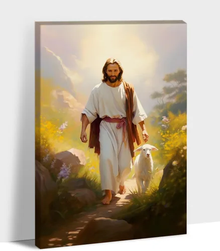 Miniatura 15 de Arte de pared en lona de Jesús y Cordero, Imagen de Jesús Corriendo tras la Oveja Perdida, Arte de pared religioso de Jesús Dejando las 99, Pinturas