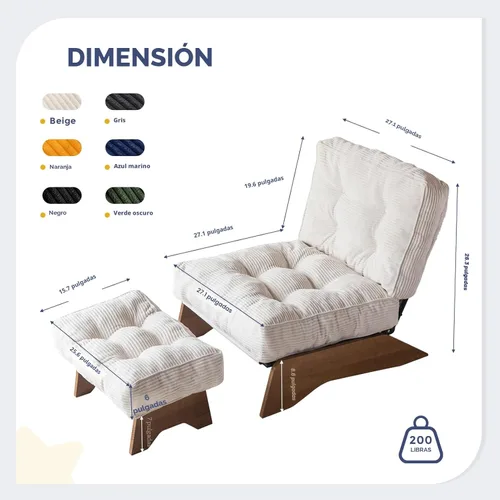 Miniatura 2 de MAXYOYO - Sillón decorativo con otomana y respaldo ajustable, silla capitoné para sala, reposera con reposapiés, silla moderna y acogedora Beige