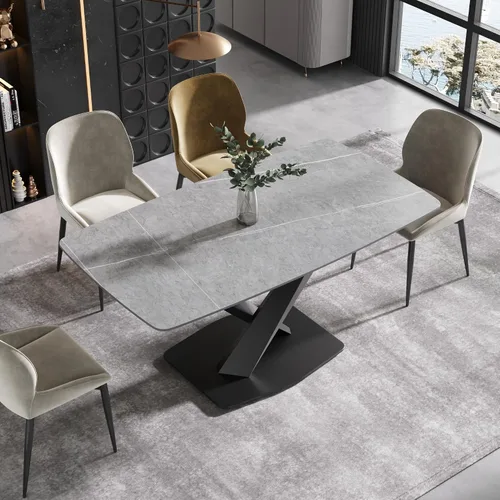Miniatura 12 de Mesa de comedor moderna, mesa de comedor de piedra sinterizada blanca antigua con base de acero al carbono sólido en forma de X, mesa de comedor