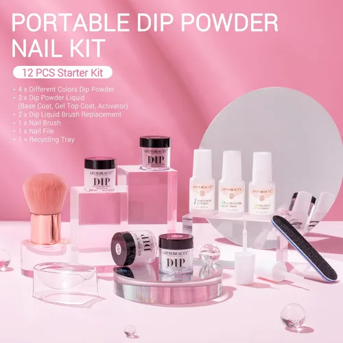 Miniatura 8 de AZUREBEAUTY Kit de iniciación de uñas en polvo de inmersión, 4 colores con purpurina rosa suave, arte de uñas francés, con capa base, capa superior