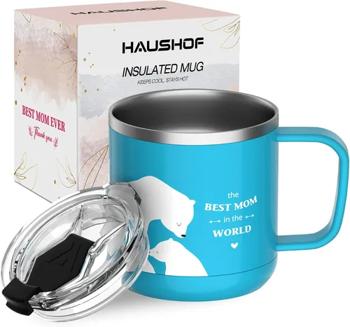 Miniatura 10 de HAUSHOF Taza con tapa, taza de café aislada de 14 onzas con asa para la mejor mamá, regalos de cumpleaños de Navidad, cinta rosa Lazo rosado