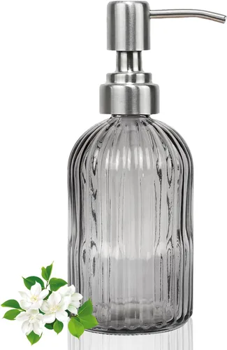 Miniatura 19 de Dispensador de jabón verde de 14 onzas para baño, paquete de 2, dispensadores de jabón de manos de vidrio transparente con bomba de acero