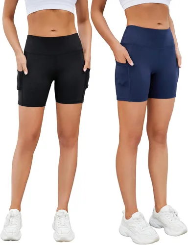 Miniatura 12 de AHLW Pantalones cortos de ciclismo suaves para mujer, con bolsillos, cintura alta, elásticos, cómodos, atléticos, para correr, yoga