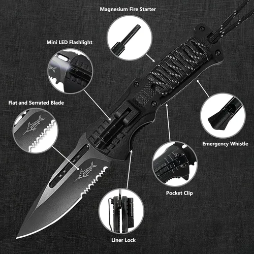 Miniatura 4 de XIPHIAS Cuchillo plegable de supervivencia - Multiherramienta de acero inoxidable con luz LED, iniciador de fuego, silbato y paracord, clip