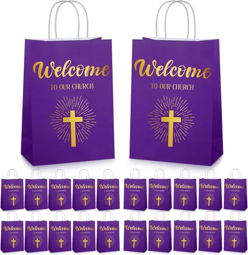 Chuangdi 50 bolsas de regalo de bienvenida a la iglesia, bolsas de papel cristiano con asas para invitados, día de la madre, baby shower, Púrpura