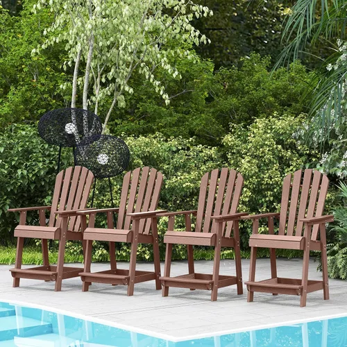 Miniatura 14 de Tangkula Taburete de bar para exteriores, silla Adirondack alta de polietileno de alta densidad con reposabrazos y reposapiés, resistente a la Marrón