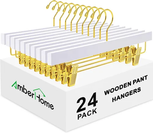 Miniatura 9 de Amber Home Paquete de 10 perchas de madera blanca para pantalones con 2 clips ajustables para jeans, pantalones cortos Blanco