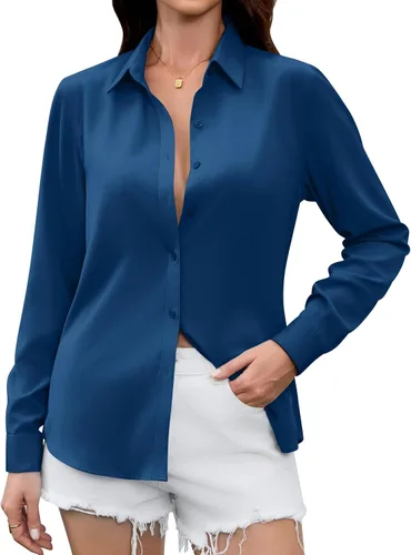Miniatura 10 de Camisas Premium de Seda Satinada Suave y Transpirable con Botones para Mujer, Blusas de Manga Larga, Tops de Trabajo Casuales
