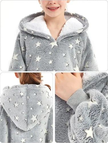 Miniatura 4 de Manta portátil de sherpa con capucha, para niños, todos los patrones, de gran tamaño, sudadera con bolsillos, 6-10 años Brilla en la oscuridad gris