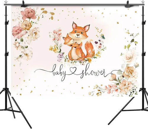 Miniatura 5 de Telón de fondo para baby shower de zorro para niñas, flores de fotografía con texto en inglés "It's a Girl", fondos de fotografía de animales