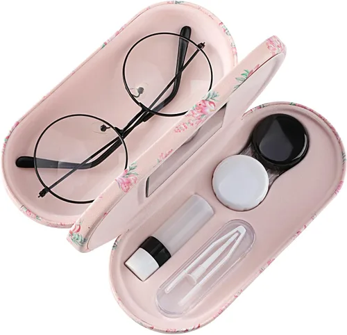 Miniatura 12 de MoKo Estuche Doble para Gafas, Estuche para Lentes de Contacto con Pinzas Removedoras con Espejo, 2 en 1 de Doble Cara Portátil, Caja Soporte Azul