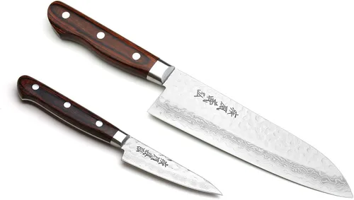 Yoshihiro VG10 Cuchillo de chef japonés de acero inoxidable de Damasco martillado de 16 capas Santoku de 7 pulgadas (7.087 in) y cuchillo de pelar