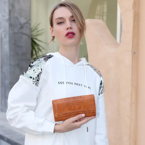 Miniatura 6 de Aphison - Cartera larga de cuero suave RFID para mujer, con caja de regalo