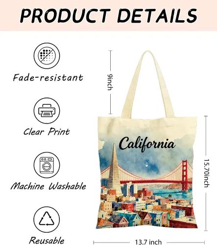 Miniatura 4 de Canvas Tote Bags with Inner Pockets & Metal Snap, Womens Aesthetic Reusable Tote Bag for Vacation Travel Gym Shopping California