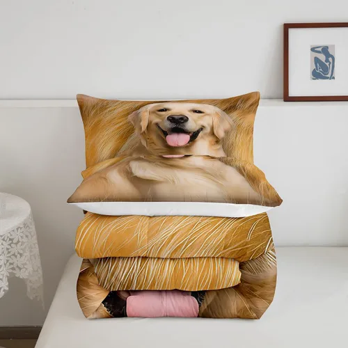 Miniatura 5 de Feelyou Juego de edredón Golden Retriever con estampado de perro para niños y adultos, lindo juego de edredón de cachorro, suave, cálido, esponjoso