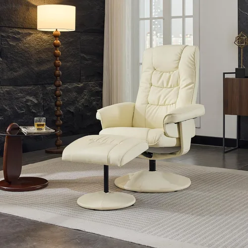 Silla reclinable eléctrica de masaje con otomana, silla reclinable de piel sintética giratoria de 360° con vibración de 5 puntos, bolsillo lateral,