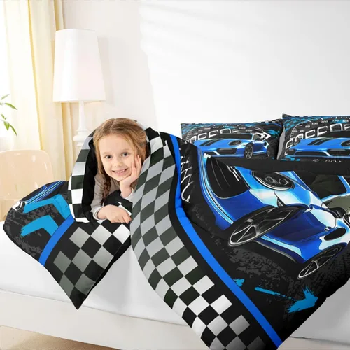 Miniatura 7 de Feelyou Juego de edredón azul de carreras para niños, juego de ropa de cama de coche deportivo para niños y niños, edredón deportivo geométrico a