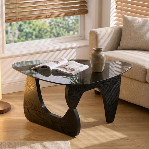 LukeAlon Mesa auxiliar triangular moderna color negro y gris, parte superior de vidrio templado y base de madera, mesa auxiliar geométrica abstracta