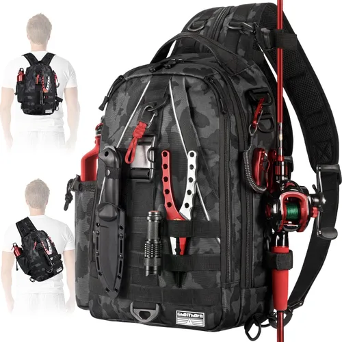 Mochila de Pesca Ghosthorn con Bolsa de Aparejos y Bandolera - Mochila con Soporte para Caña - Caja de Aparejos Ligera para Regalos de Pesca con