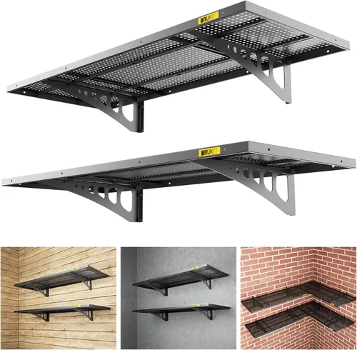 Paquete de 2 estantes de pared ajustables de metal de 1.64 x 4 pies, estantes de almacenamiento de garaje resistentes montados en la pared, color