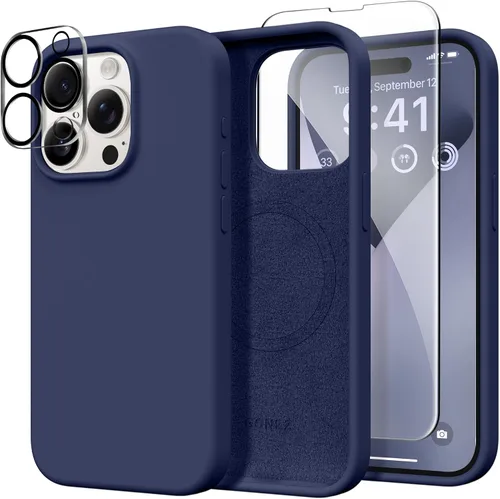 Miniatura 85 de GONEZ Funda de silicona para iPhone 14 Pro Max, compatible con MagSafe, con protector de pantalla + protector de lente de cámara, silicona líquida a
