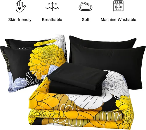 Miniatura 6 de Juego de sábanas Yiran en una bolsa tamaño Queen amarillo y negro, juego de edredón de 7 piezas de microfibra suave floral boho con 1 edredón, 1