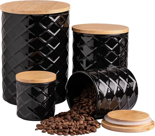 Sweejar Juego de recipientes de cerámica para encimera de cocina, tarro de almacenamiento de alimentos en relieve con tapa de bambú, recipiente