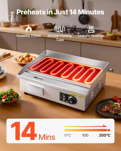 Miniatura 3 de VEVOR Plancha eléctrica comercial, 1750 W, control de temperatura ajustable de 122-570 °F, parrilla superior plana de acero inoxidable con 2