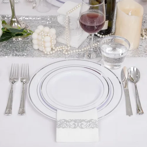 Miniatura 3 de I00000 - Juego de vajilla plateada de 700 piezas para 100 invitados - 100 platos para cena, 100 platos para postre, 100 vasos desechables de 10