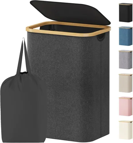 Miniatura 21 de Lifewit Cesta de ropa de 120L con tapa, cestas de ropa para lavandería con asas de bambú y una bolsa de lavandería extraíble, cesta plegable grande
