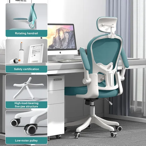 Miniatura 6 de Silla de oficina ergonómica, soporte lumbar ajustable y reposacabezas, silla de escritorio con respaldo alto con brazos abatibles para oficina