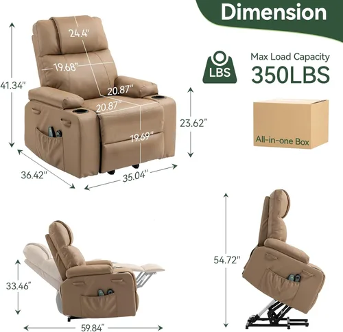 Miniatura 2 de Silla Reclinable con Elevación Eléctrica para Personas Mayores con Calor y Masaje, Sillón Reclinable de Cuero PU Eléctrico Ajustable 160° con Marrón