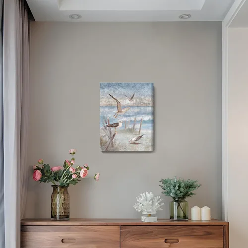 Miniatura 6 de ARTZON Arte de pared de playa, decoración de baño, tema oceánico, impresión en lienzo, pintura costera, pájaro posado junto a la orilla del mar