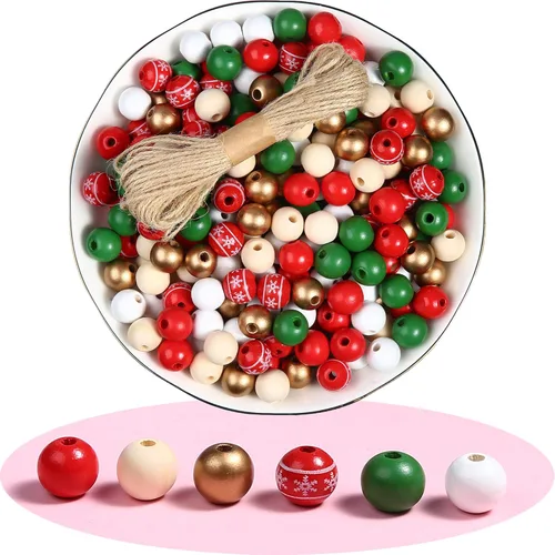 240 cuentas redondas de Navidad de madera coloridas para manualidades, 6 colores de colores pintados naturalmente, cuentas espaciadoras sueltas para