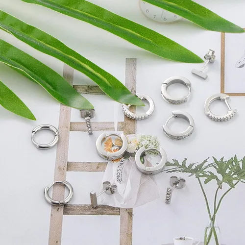 Miniatura 4 de JOERICA Juego de 6 pares de aretes de aro para mujer, diseño minimalista de mini barra, oro y plata, circonita cúbica, juego de piercings pequeños