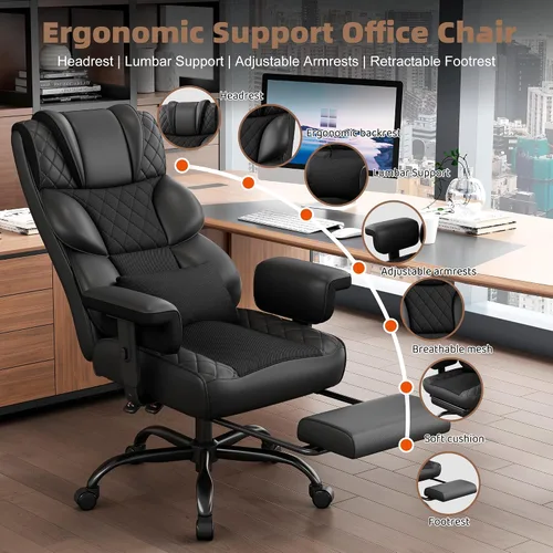 Miniatura 3 de Silla de oficina Vonesse grande y alta, silla para computadora con reposabrazos ajustables suaves, silla ergonómica para juegos de respaldo alto