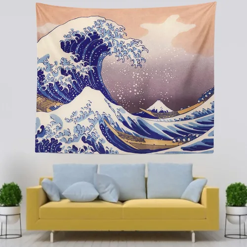 Miniatura 3 de IcosaMro Tapiz de gran ola para dormitorio, arte para colgar en la pared, decoración de pared grande con bordes dobladillos, manta de pared