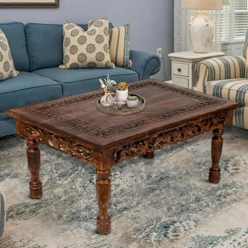 Miniatura 6 de Mesa de café rectangular de madera con talla Jali, mesa de café estilo granja, mesa rústica central, estilo de mediados de siglo, muebles rústicos