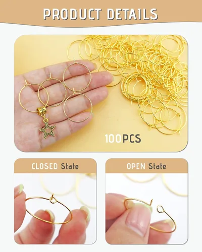 Miniatura 3 de JIALEEY 100 anillos de cristal de vino de 0.98 pulgadas chapados en oro de 0.98 pulgadas (0.984 in), aro abierto para hacer joyas, boda, fiesta